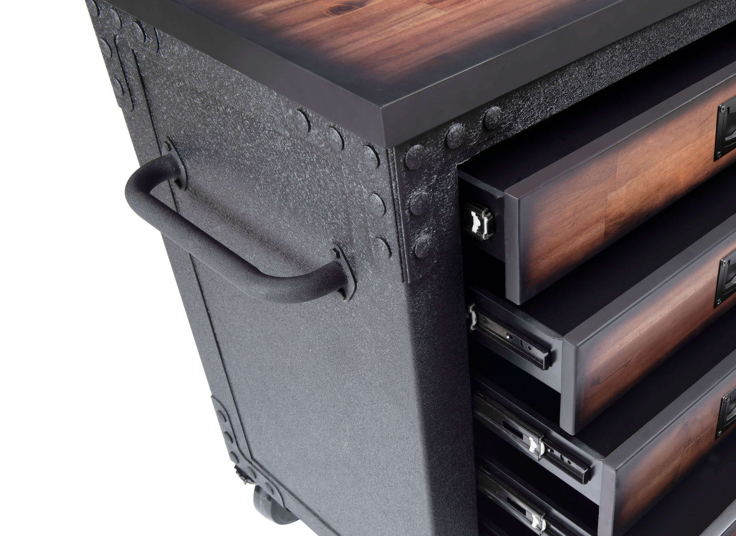 Duramax 48-inch rolling tool chest with wood top and open drawers, featuring ball bearing slides and side cabinet for storage.