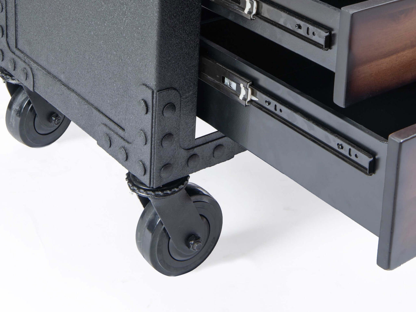 Close-up of the Duramax 5 Drawer Rolling Tool Chest showing ball bearing slides and durable wheels for easy mobility.