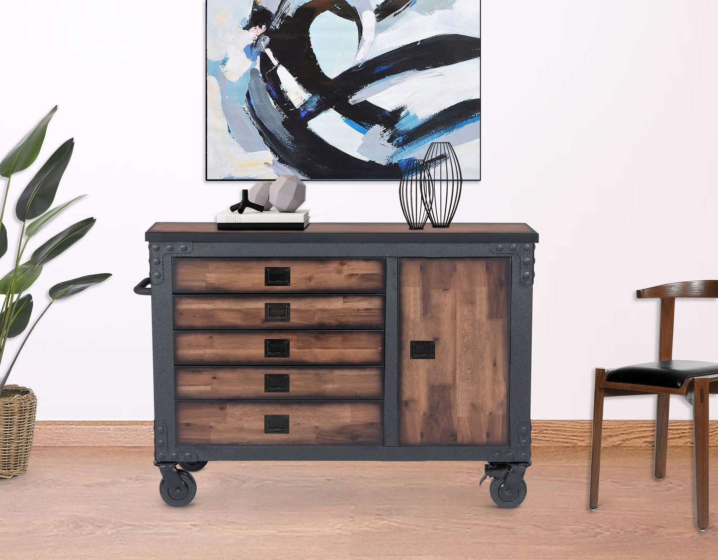 Duramax 48-inch 5-drawer rolling tool chest with wood top, perfect for garage storage. Features side cabinet with shelves.