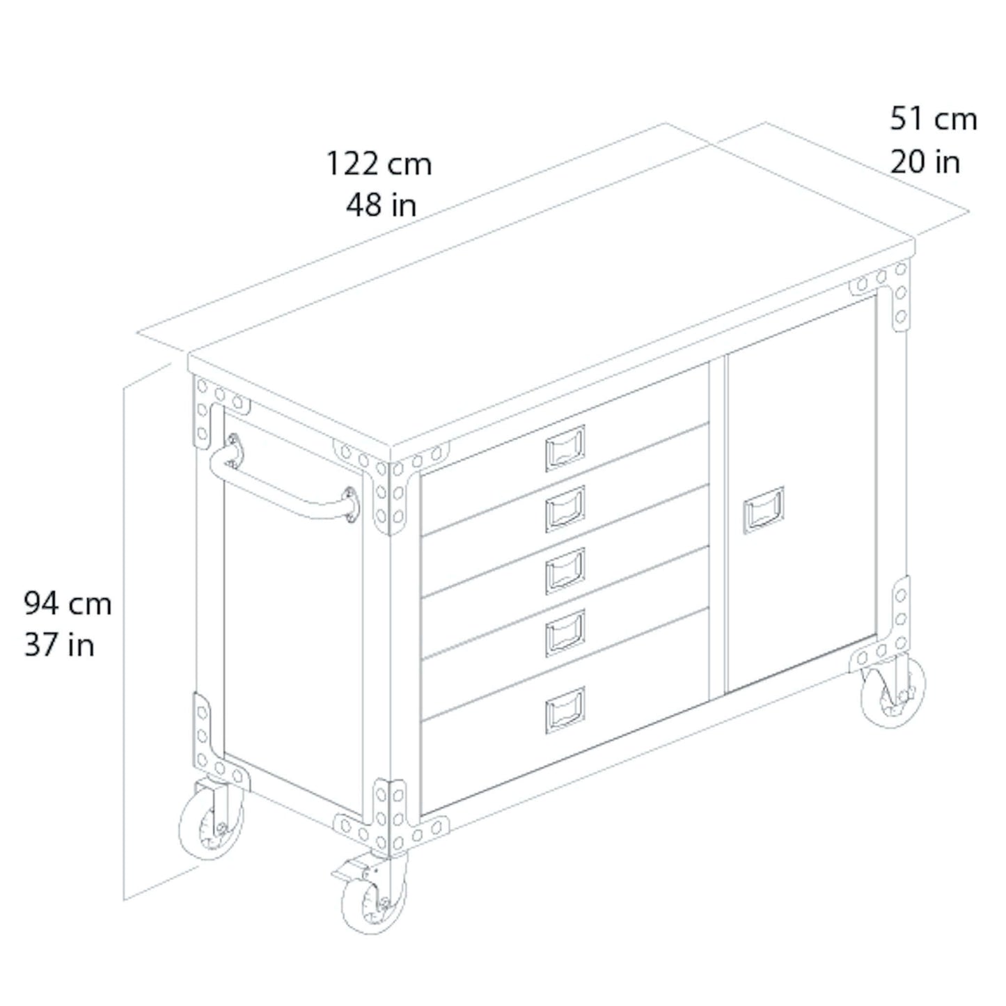 Diagram of the Duramax 48 inch 5-drawer rolling tool chest with wood top, dimensions 94 cm height, 51 cm depth, 122 cm width.