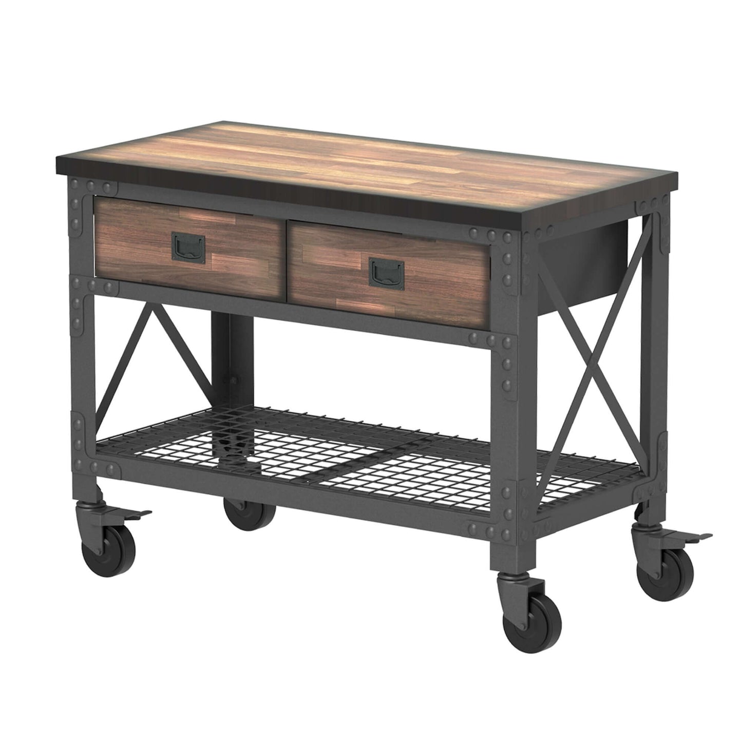Duramax 48x24 industrial workbench with 2 drawers and smooth-gliding wheels, ideal for home and garage tool storage.