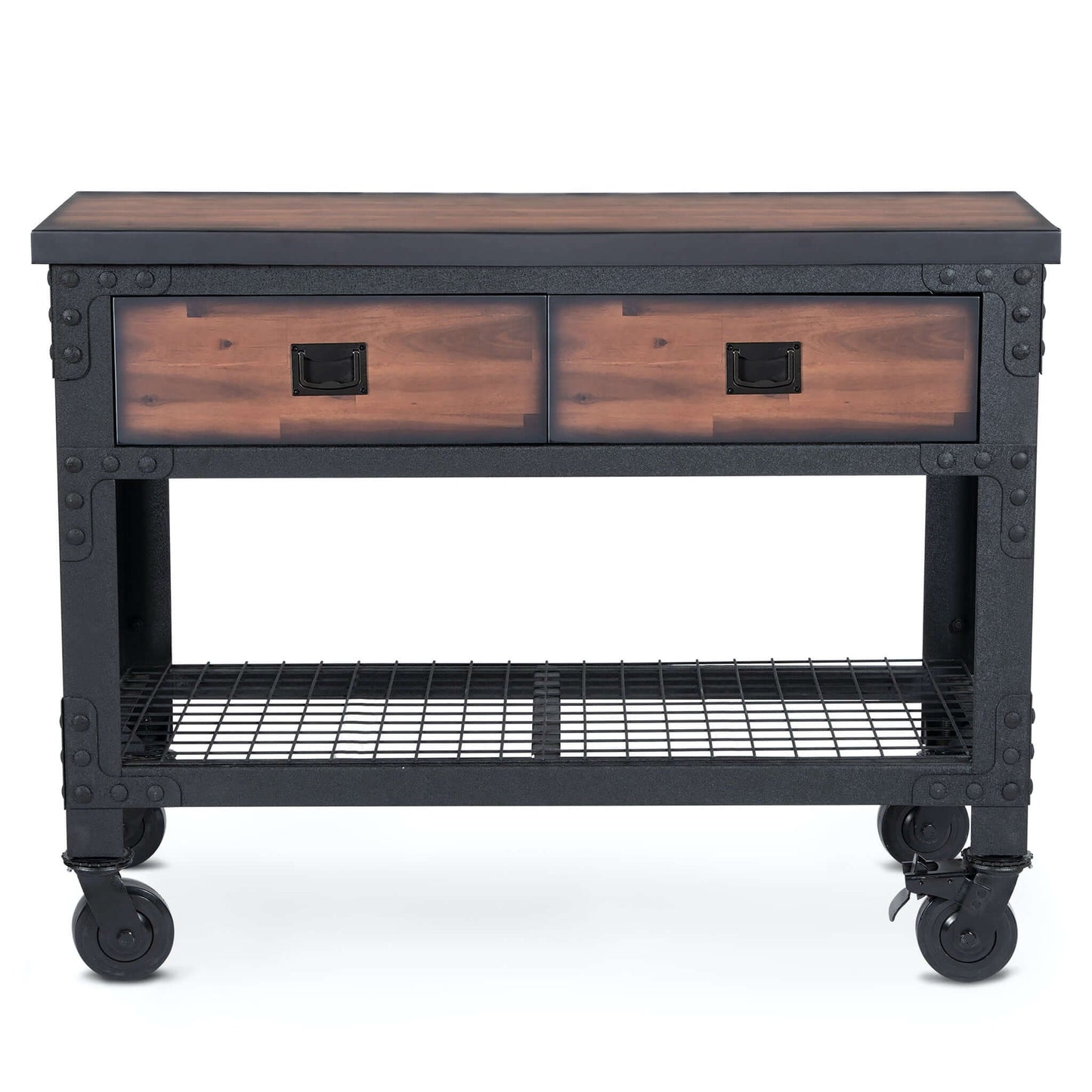 Duramax 48x24 industrial workbench with two drawers and rolling casters, ideal for home and garage use, offering ample storage.