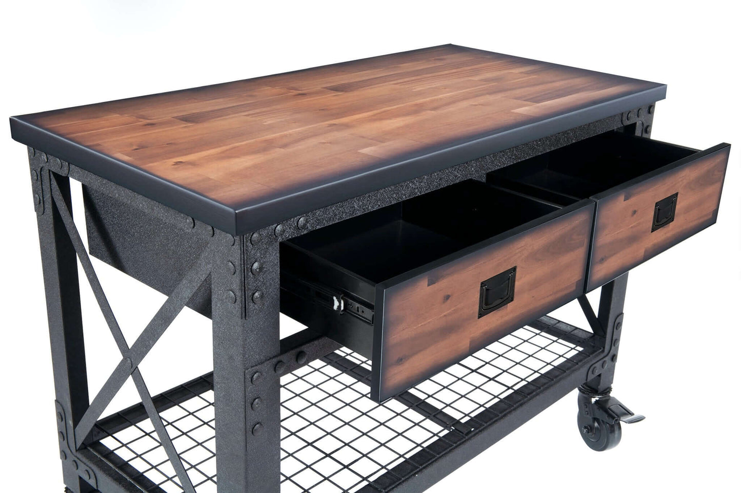 Duramax 48x24 inch industrial workbench with rolling wheels and two open drawers for versatile storage.