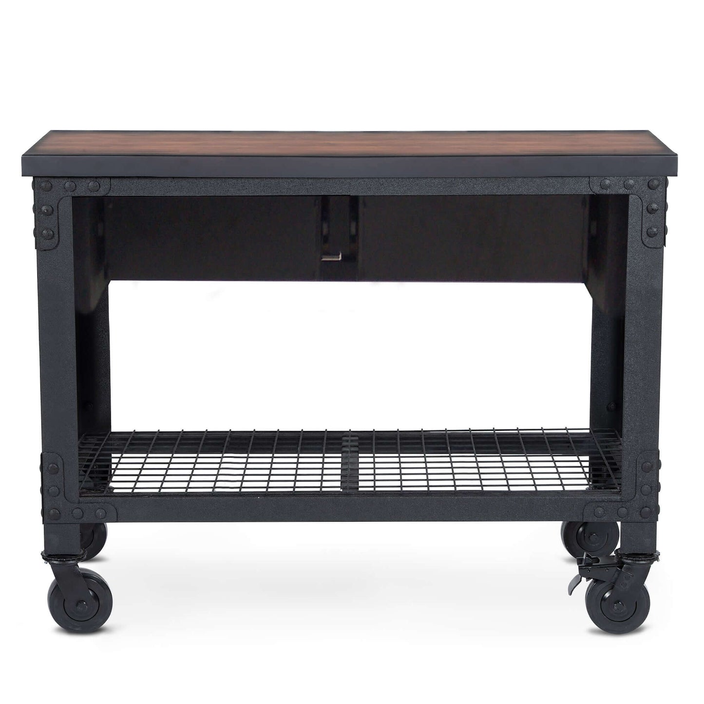 Duramax industrial workbench with casters and wire shelf, ideal for garages and home use.