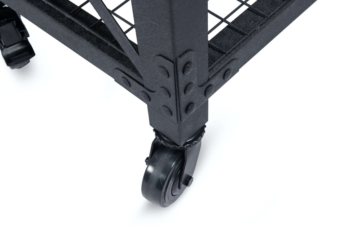 Close-up view of caster wheel on Duramax 2-Drawer Rolling Industrial Workbench, showcasing smooth mobility and textured metal frame.