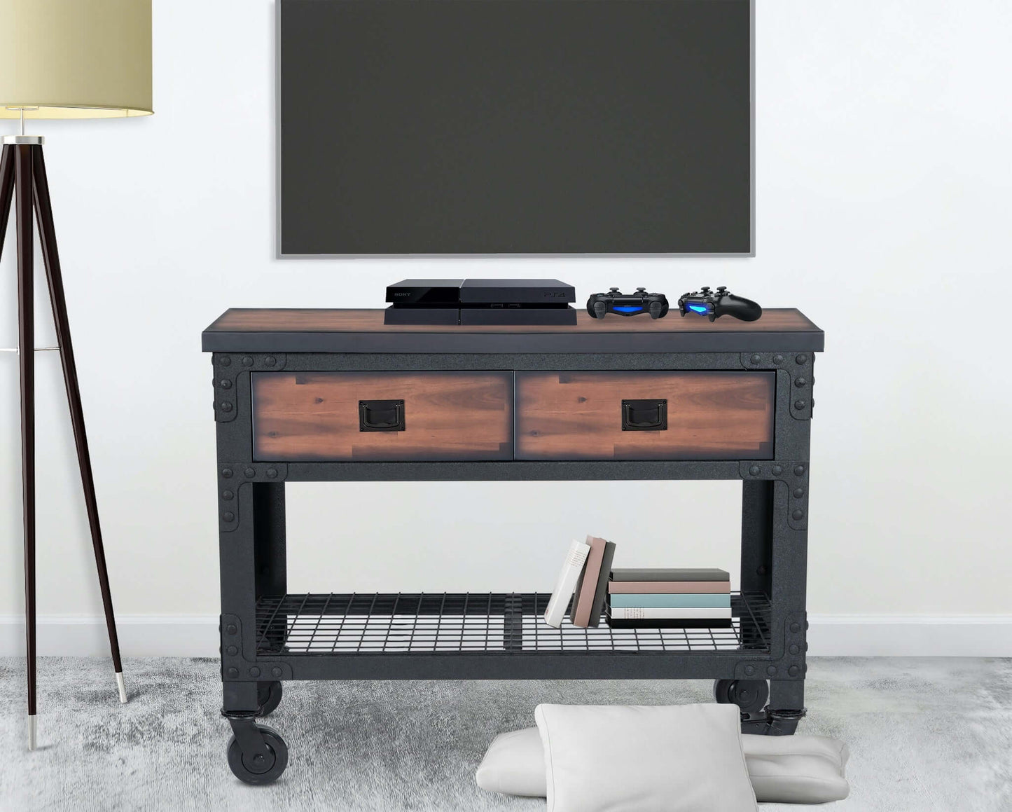 Duramax 48x24 in 2-Drawer Rolling Industrial Workbench with storage, featuring smooth-gliding wheels, in a modern home setting.