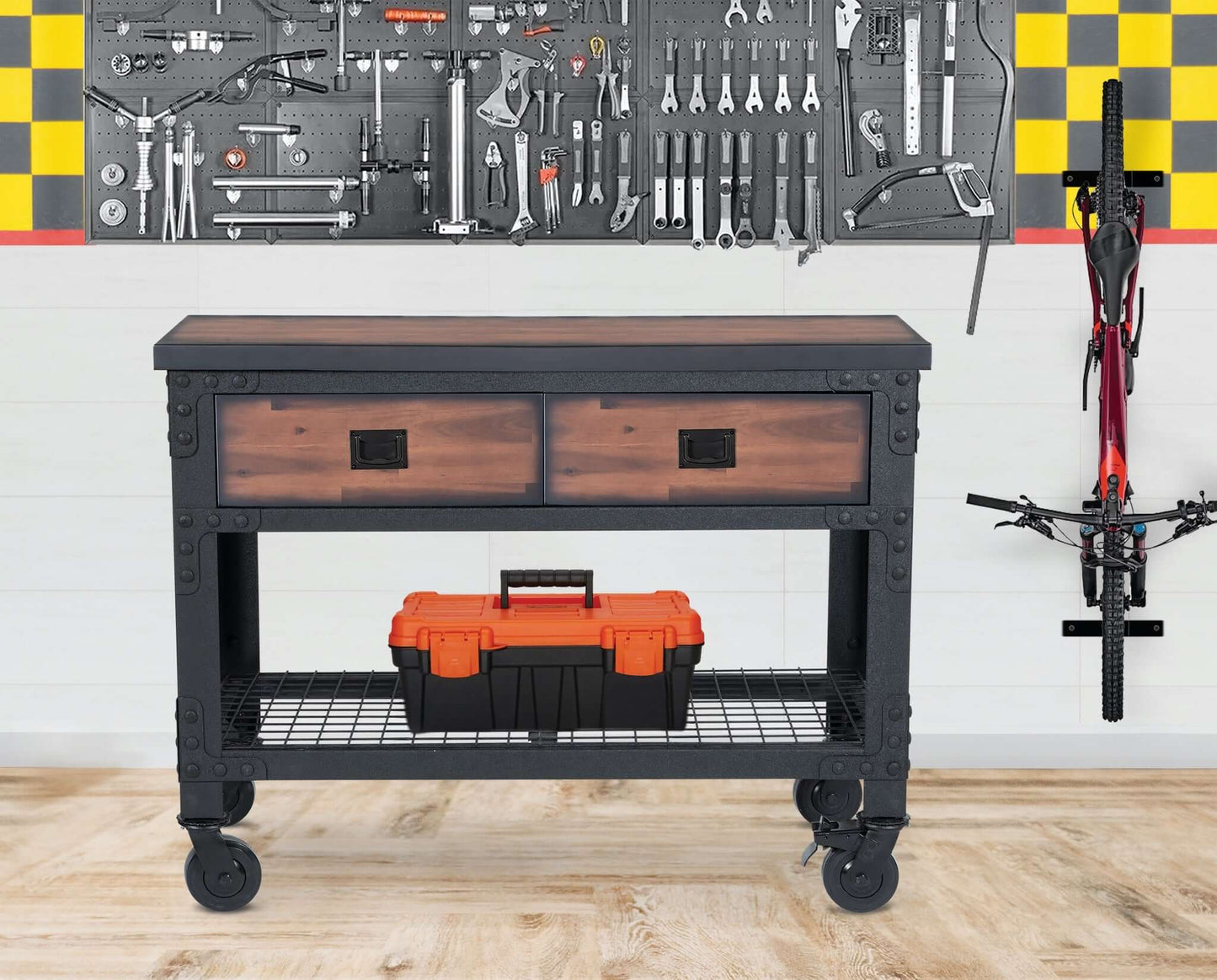 Duramax 2-Drawer Rolling Industrial Workbench with caster wheels in a garage setting with tools, ideal for storage and workspace.