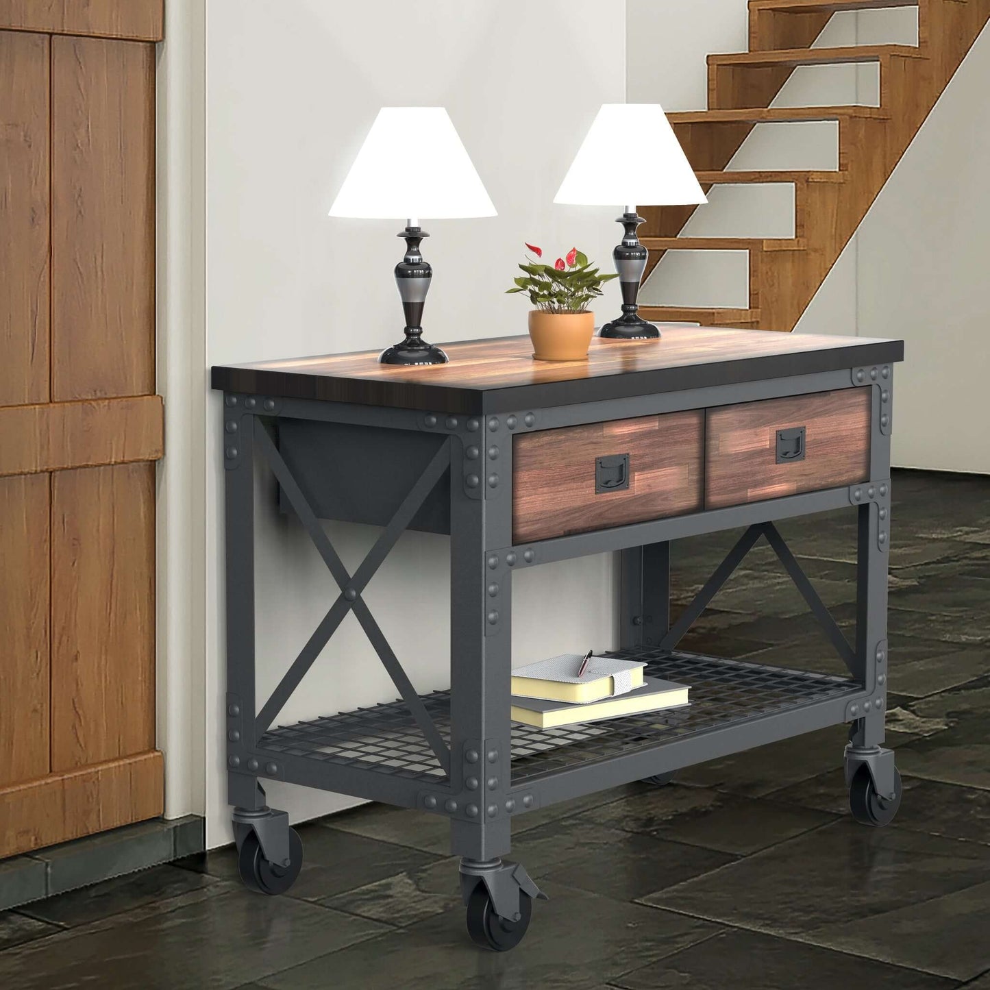 Duramax 48x24 inch 2-Drawer Rolling Industrial Workbench in a home setting with potted plant and lamps.