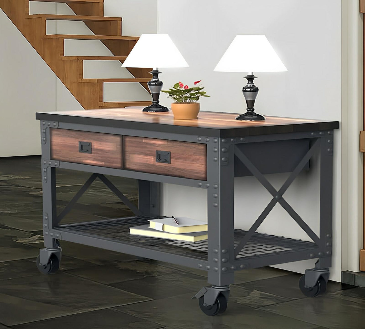 Duramax 48x24" rolling industrial workbench with 2 drawers, featuring smooth-glide wheels and ample storage, ideal for home or garage use.