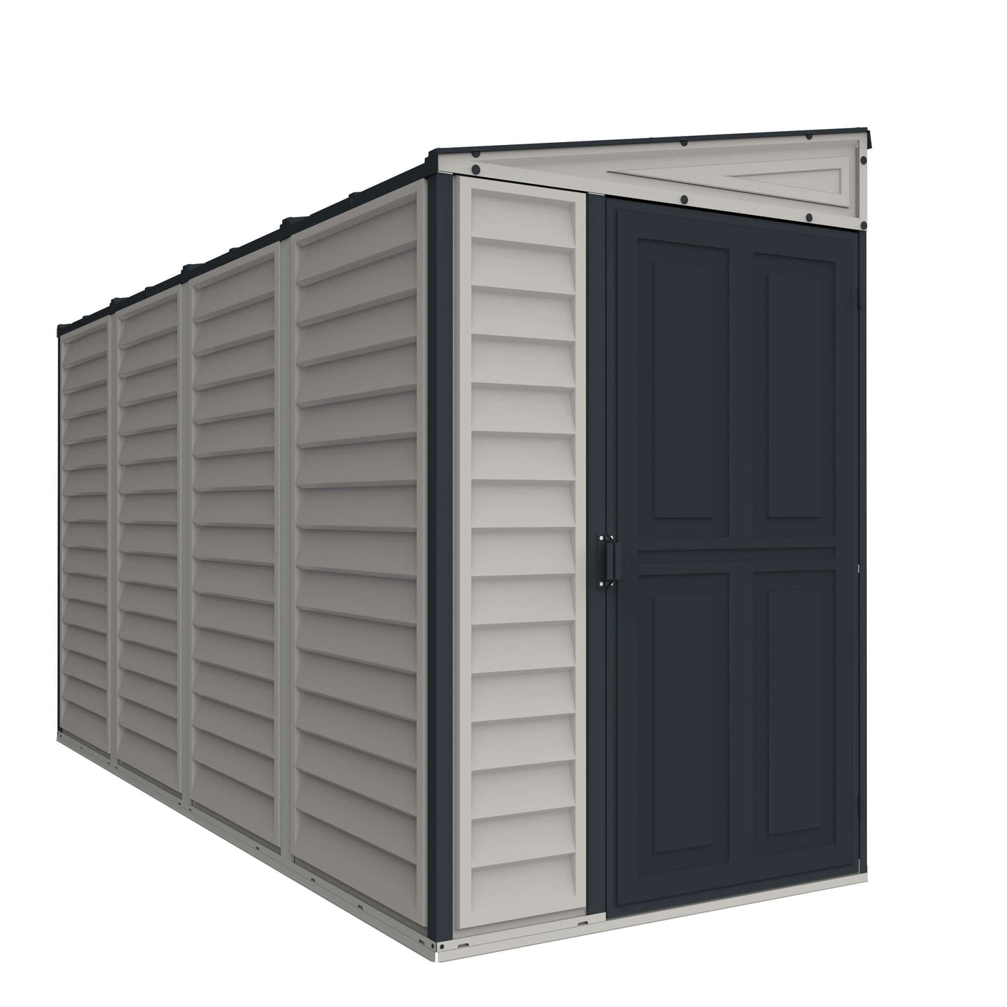 Duramax 4x10 SideMate PLUS Vinyl Shed with dark grey door, perfect outdoor storage solution by home for gardening tools. Duramax Sheds.