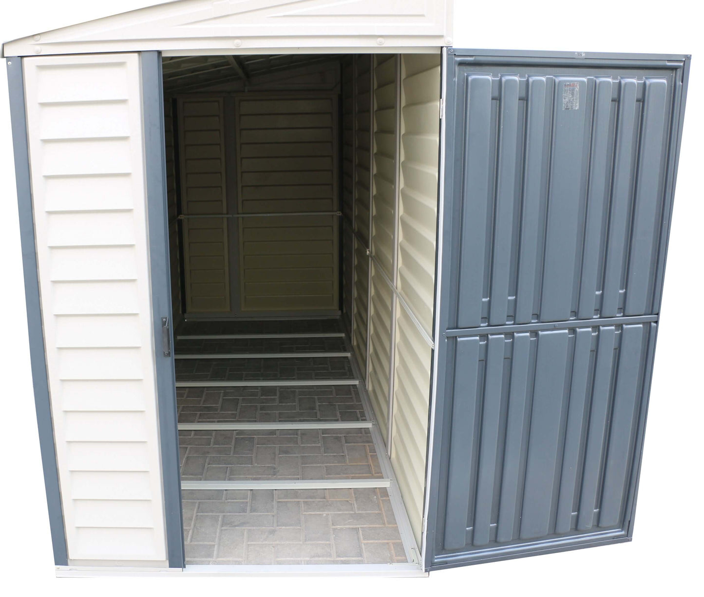 Duramax 4x10 SideMate PLUS Vinyl Shed with open door revealing spacious interior, ideal for outdoor storage solutions.