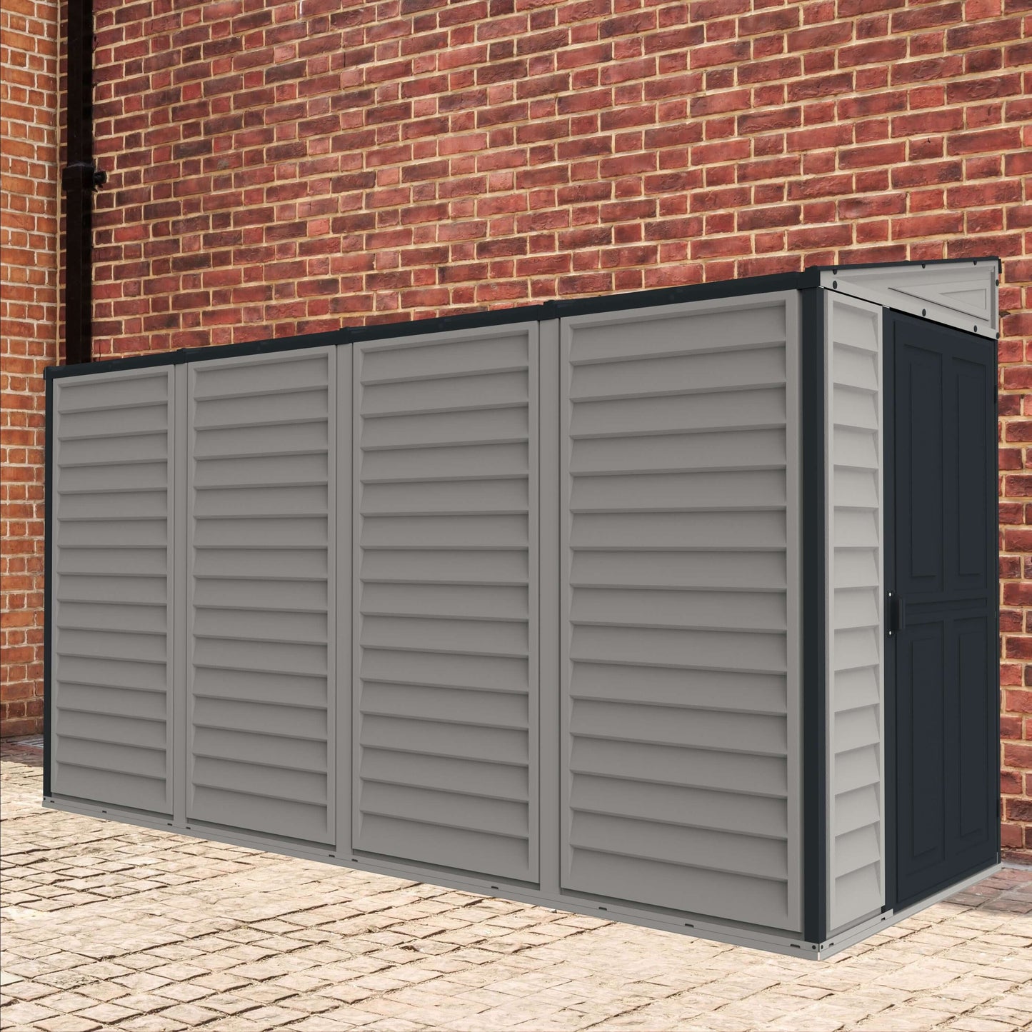 Duramax 4x10 SideMate PLUS Vinyl Shed with Foundation in sleek grey beside a brick wall, a practical storage solution.