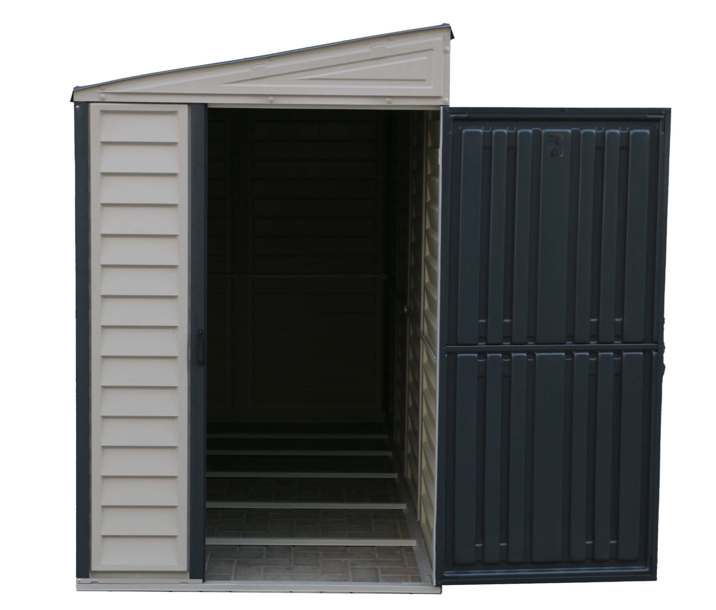Front view of the Duramax 4x10 SideMate PLUS Vinyl Shed with an open door showing inside storage space.