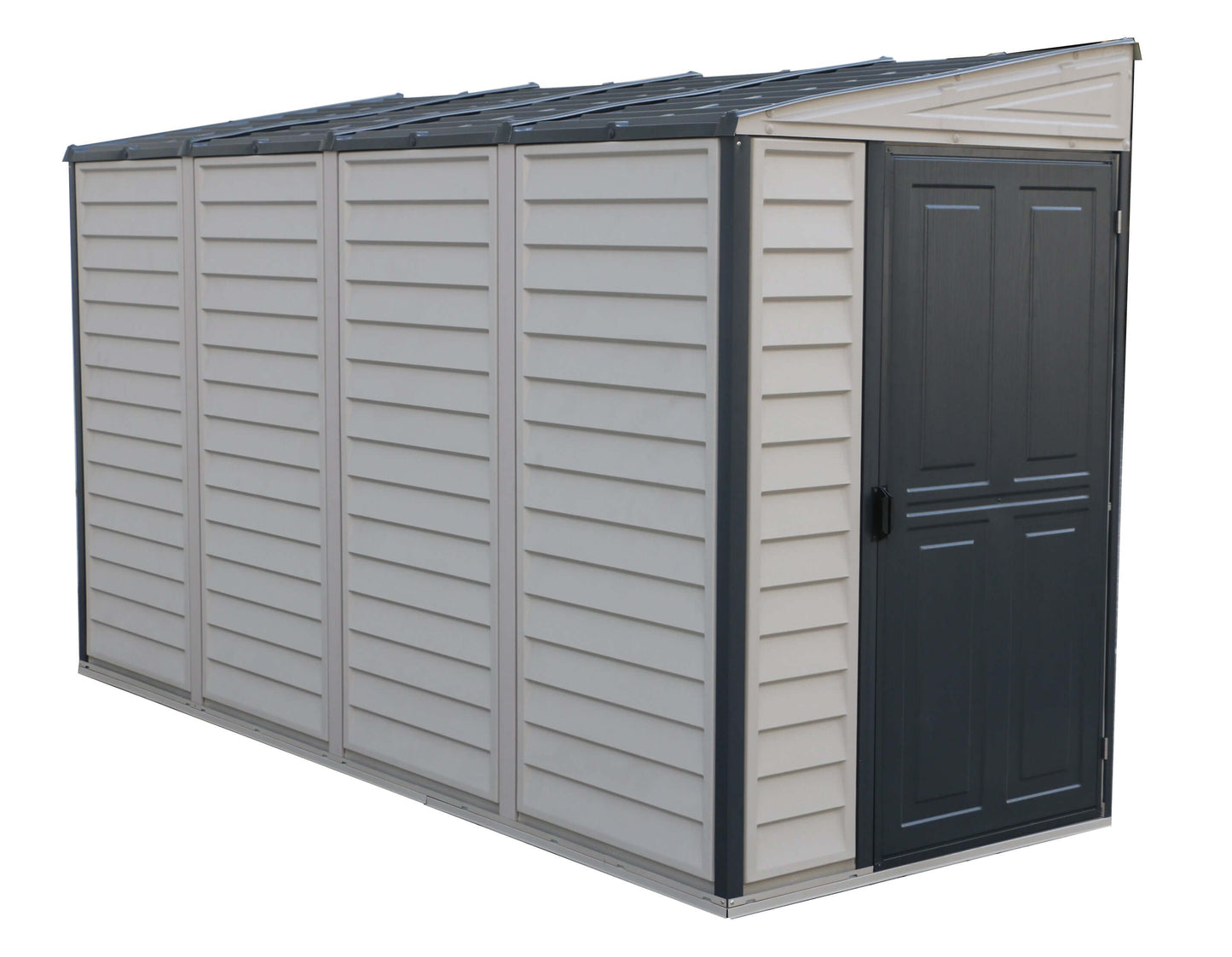 Duramax 4x10 SideMate PLUS Vinyl Shed with Foundation in grey, ideal for outdoor storage solutions. Durable and stylish design.