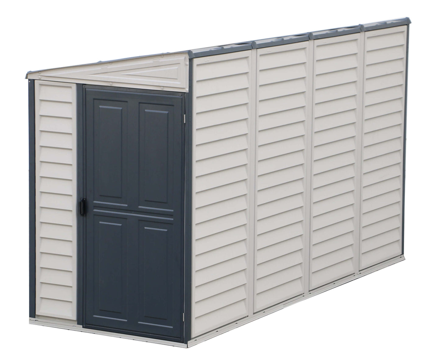Duramax 4x10 SideMate PLUS vinyl shed with foundation, stylish grey finish, ideal for outdoor storage. Duramax shed, Duramax Sheds.