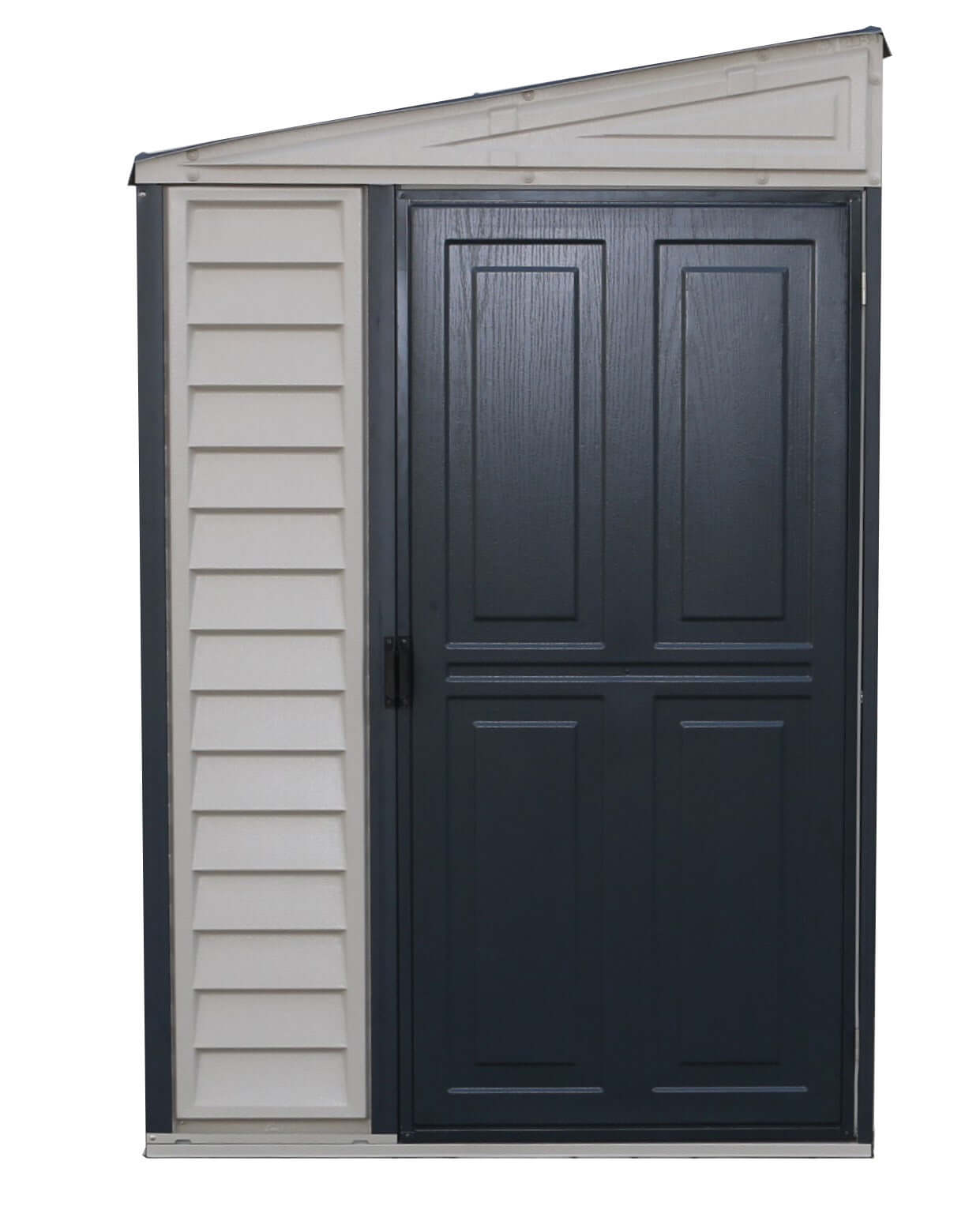 Duramax 4x10 SideMate PLUS Vinyl Shed with Foundation, sleek grey design for optimal outdoor storage. Ideal Duramax Shed solution.