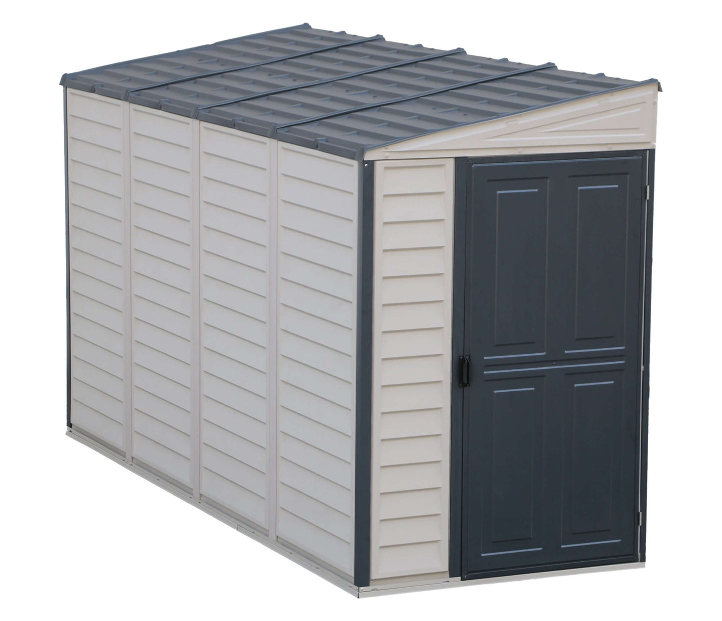 Duramax 4x10 SideMate PLUS vinyl shed with foundation, ideal for outdoor storage, featuring sleek grey all-weather design.
