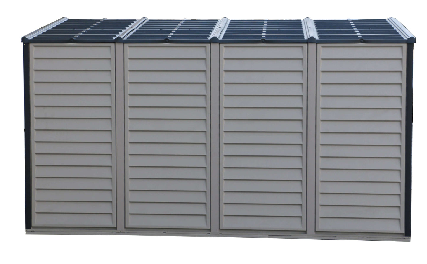 Side view of a Duramax 4x10 SideMate PLUS vinyl shed in grey with a foundation, designed for outdoor storage and garden tool organization.