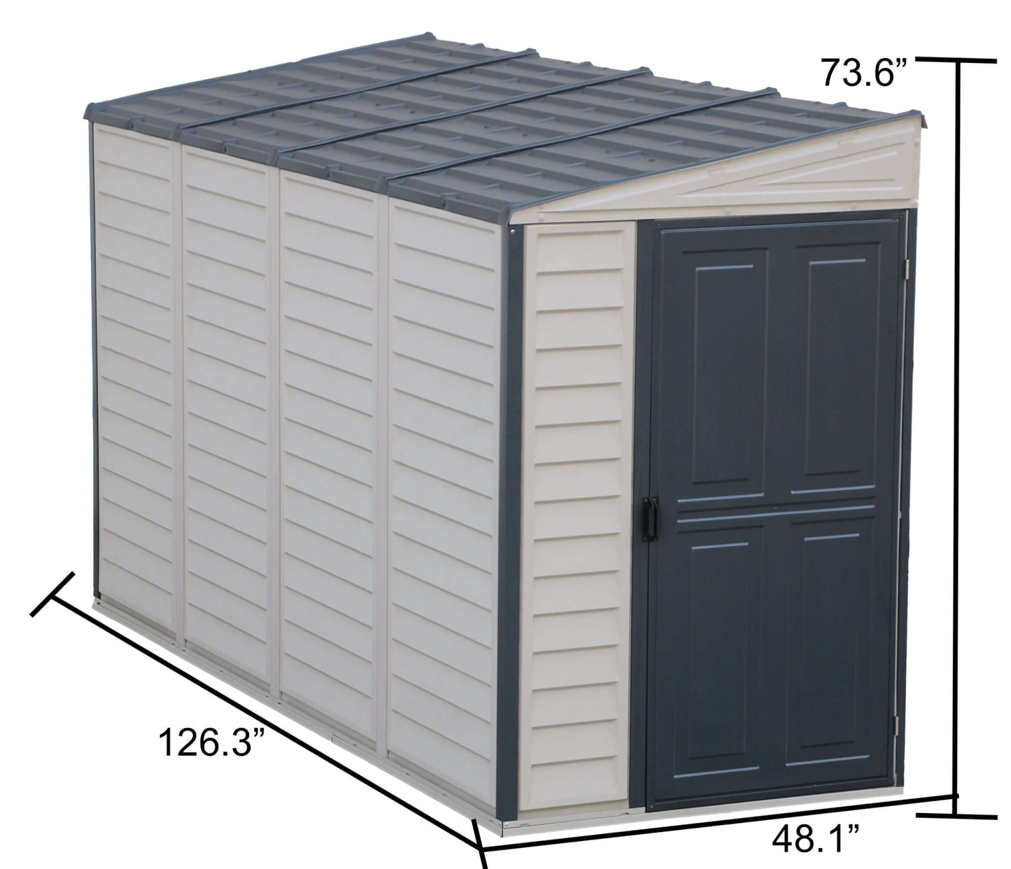 Duramax 4x10 SideMate PLUS Vinyl Shed with foundation, sleek grey finish, ideal for outdoor storage, dimensions included.