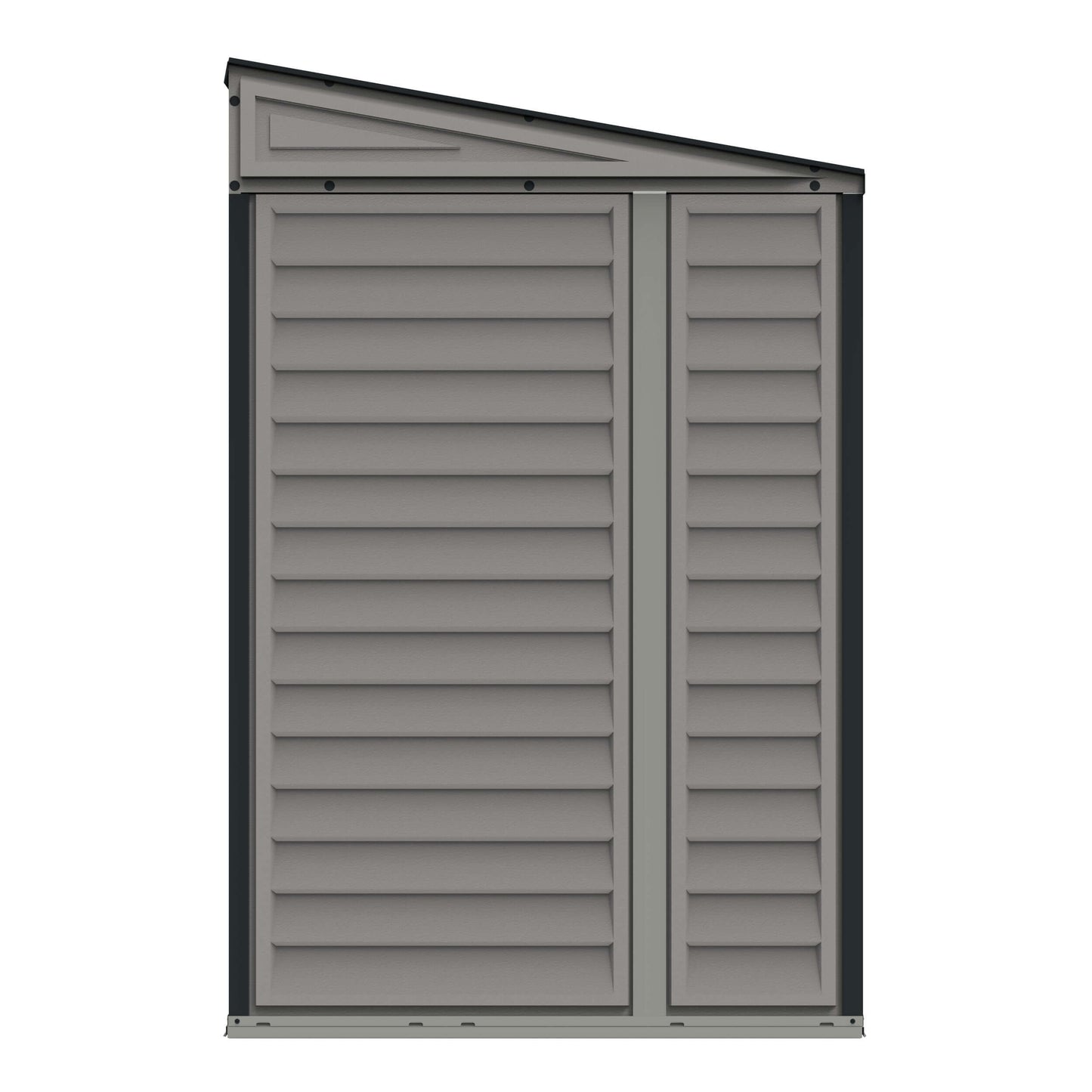 Duramax 4x10 SideMate PLUS Vinyl Shed in grey with foundation, ideal for home garden storage. Stylish outdoor solution by Duramax Sheds.