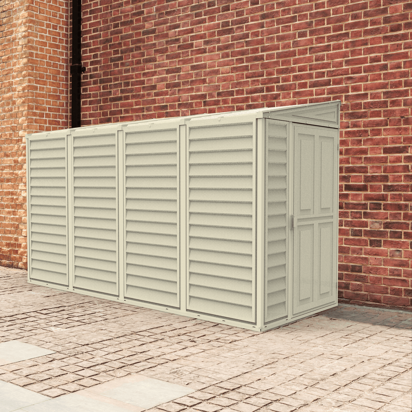 Duramax 4x10 SideMate Vinyl Shed in ivory, perfect for garden tool storage, placed against a brick wall - Duramax Shed