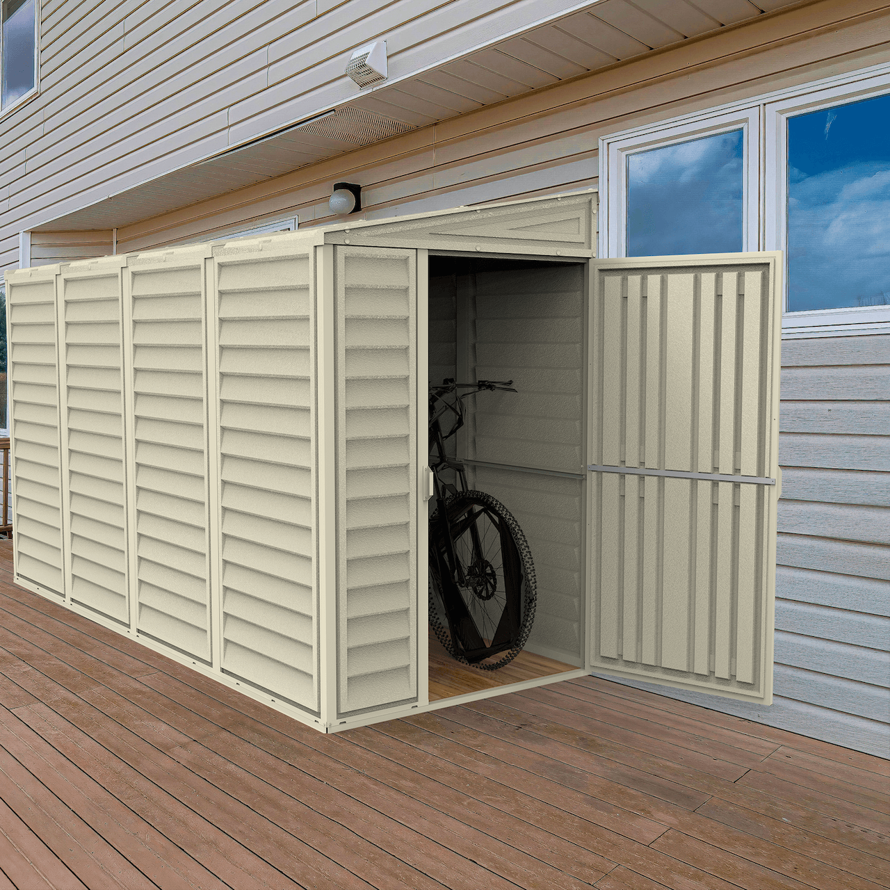 Duramax 4x10 SideMate Vinyl Shed with bicycle inside, perfect for backyard storage, durable all-weather design. Keywords: Duramax shed.