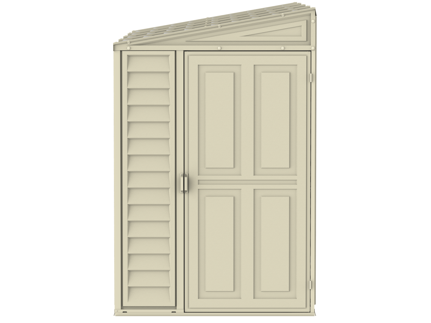 Duramax 4x10 SideMate Vinyl Shed in ivory, ideal for outdoor storage, weather-resistant, and maintenance-free design.