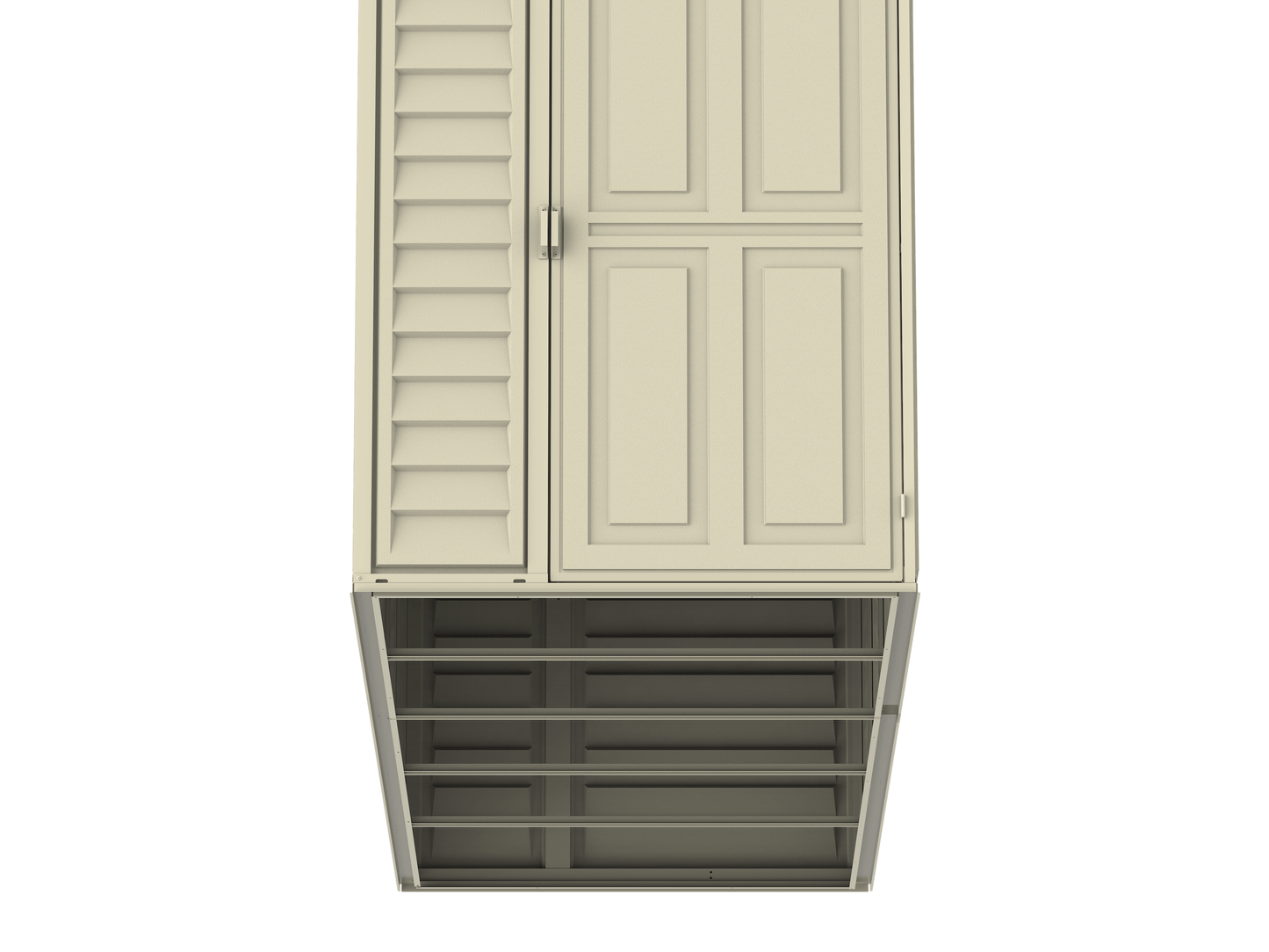Front view of Duramax 4x10 SideMate Vinyl Shed in ivory, showing door and vent, ideal for garden storage. Duramax shed, Duramax Sheds.