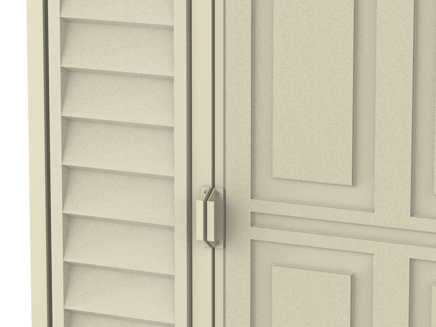 Close-up of Duramax 4x10 SideMate vinyl shed detailing the ivory color and durable construction.