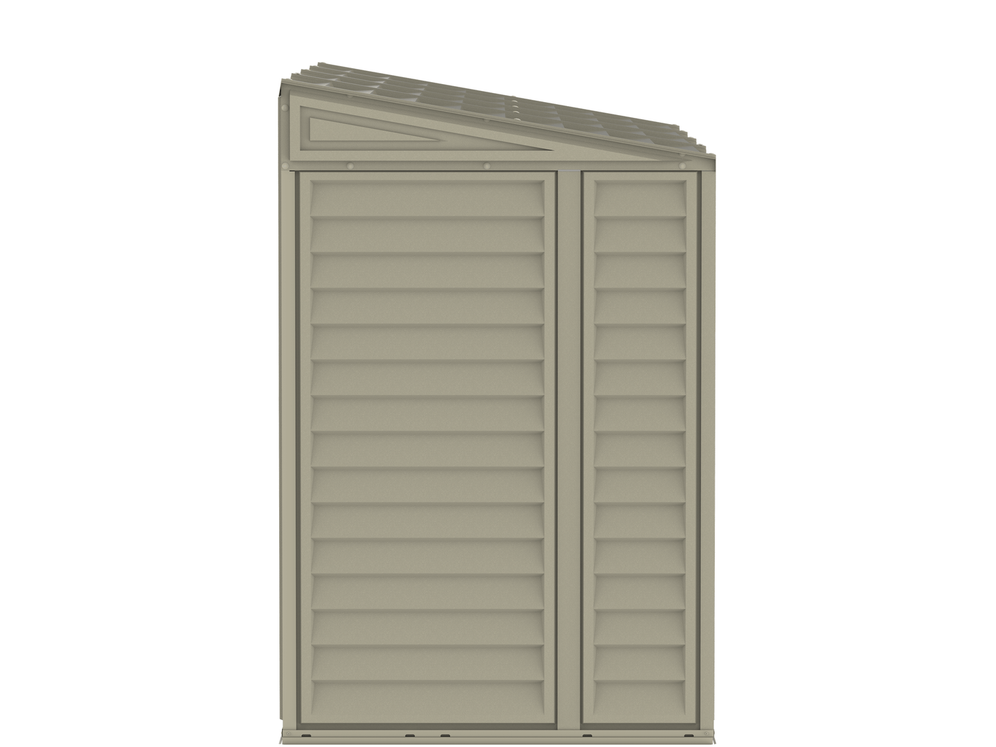 Duramax 4x10 SideMate Vinyl Shed with Foundation in ivory shade, ideal for garden tool storage. Durable, weather-resistant. Duramax shed.