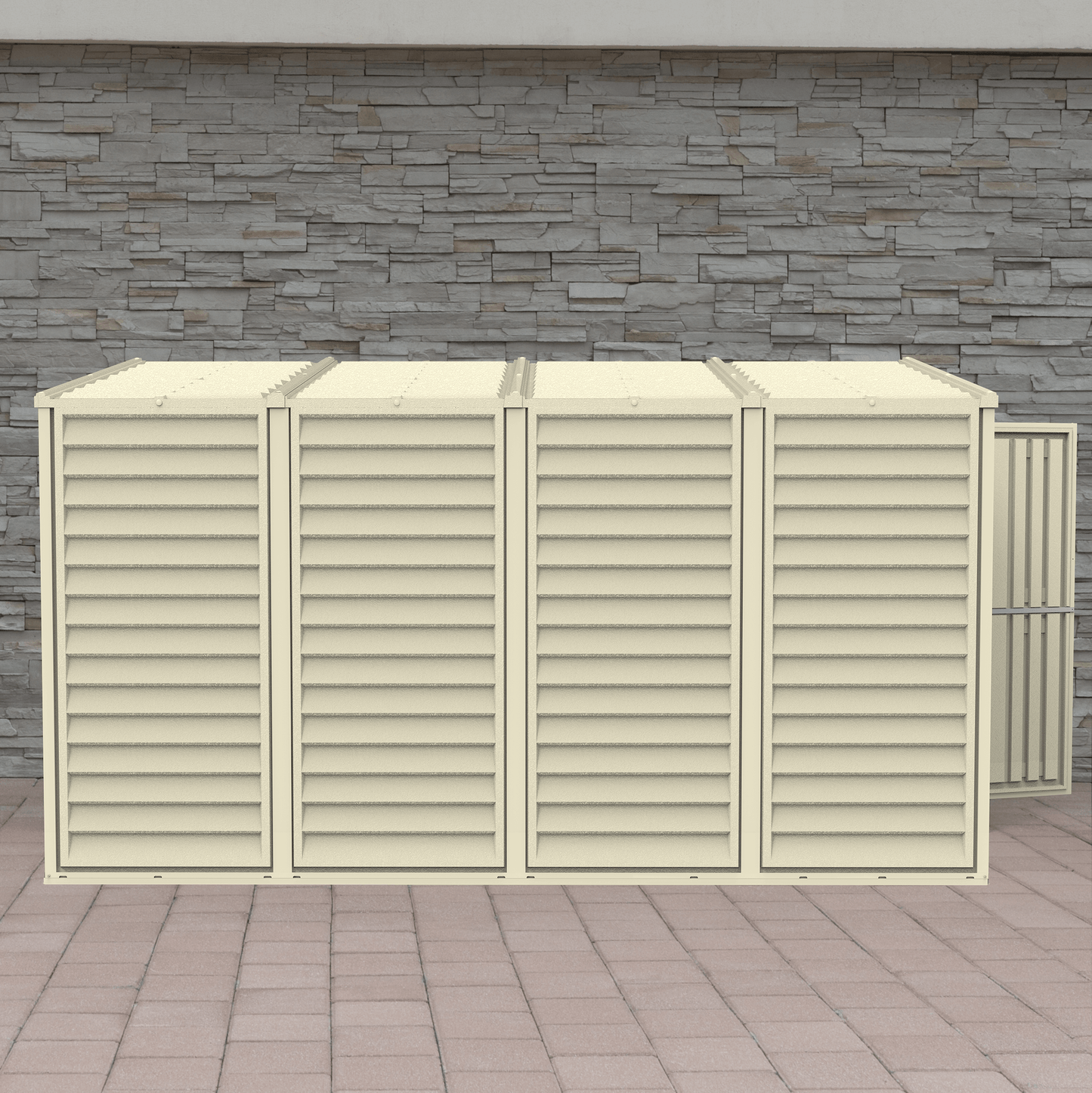 Duramax 4x10 SideMate Vinyl Shed in ivory, easy-to-maintain outdoor storage solution with modern design for garden tools.