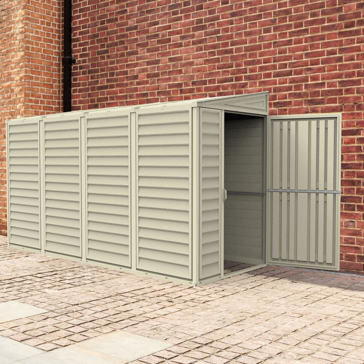 Duramax 4x10 SideMate vinyl shed with open door, showcasing its modern design and weather-resistant features, ideal outdoor storage solution.