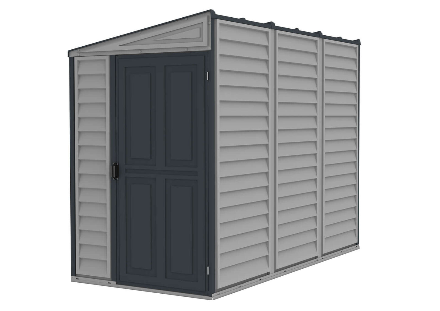 Duramax 4x8 SideMate PLUS Vinyl Shed in grey, easy-to-assemble outdoor storage solution with foundation, perfect for garden tools.