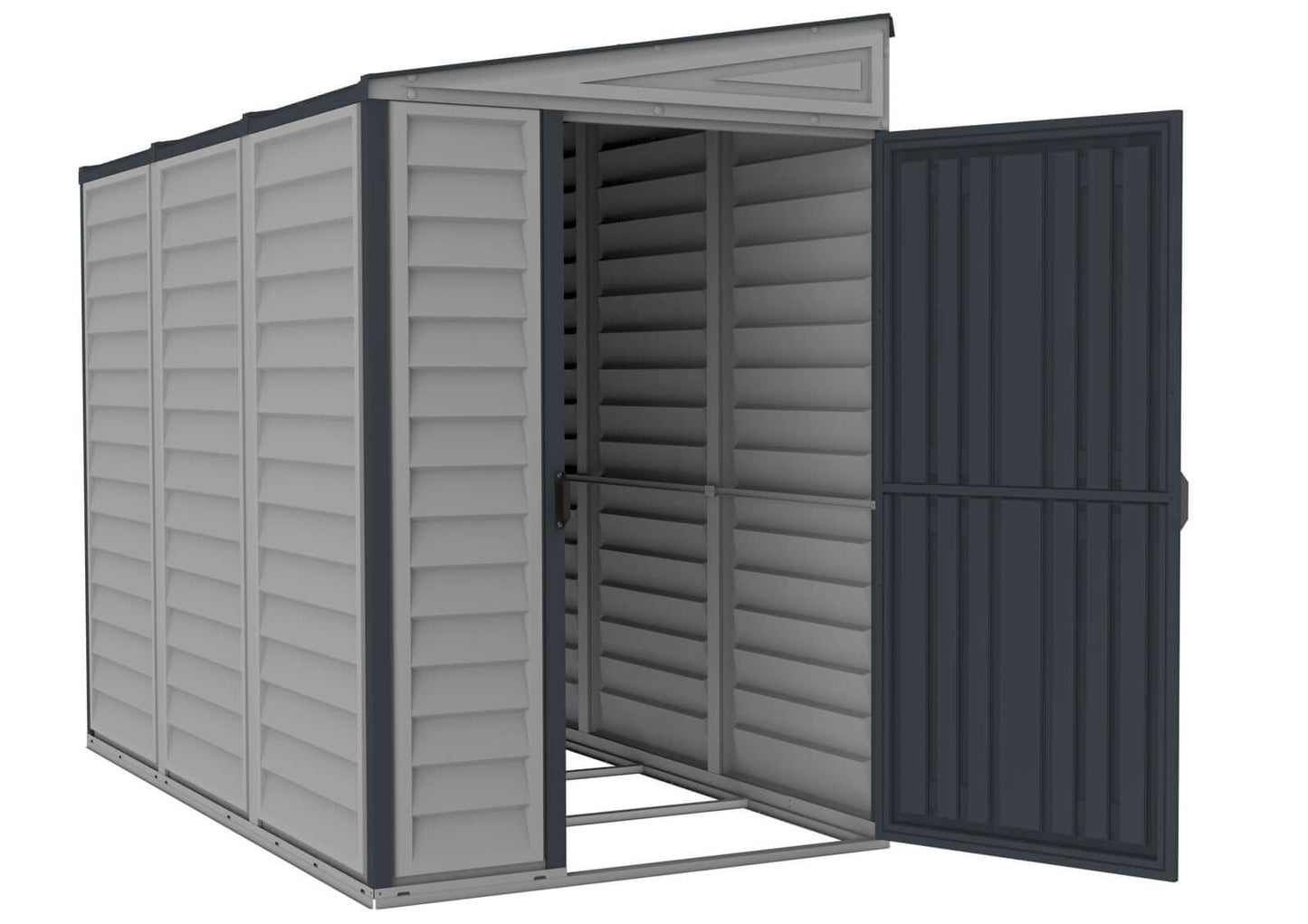 Duramax 4x8 SideMate PLUS Vinyl Shed in Grey with open door and foundation, perfect for outdoor storage. Keywords: Duramax shed, Duramax Sheds.
