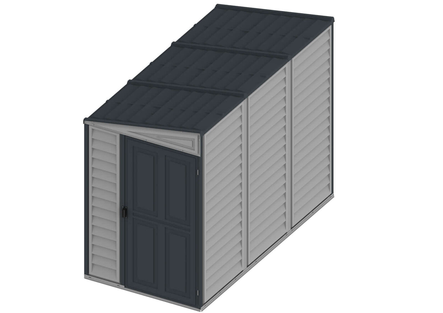 Duramax 4x8 SideMate PLUS Vinyl Shed in Grey, ideal for backyard storage, shown with robust all-weather vinyl construction.