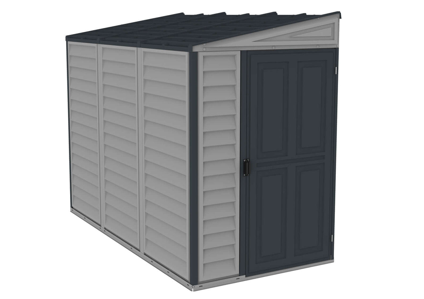 Duramax 4x8 SideMate PLUS Grey Vinyl Shed with foundation, ideal for outdoor storage, fits neatly alongside your home.