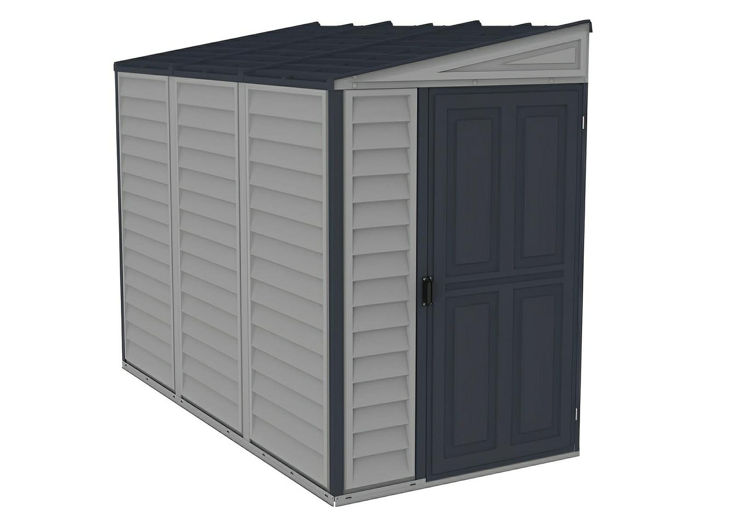 Duramax 4x8 SideMate PLUS Grey Vinyl Shed with foundation, ideal for outdoor storage, fits neatly alongside your home.