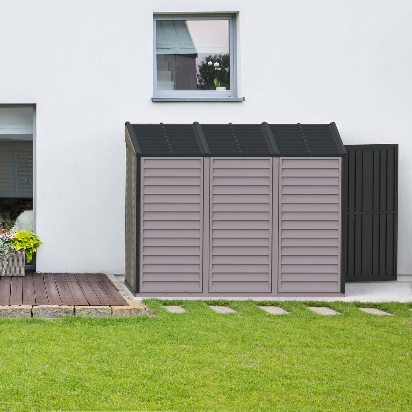 Duramax 4x8 SideMate PLUS vinyl shed in grey, fits against home with all-weather, stylish design for garden tools. Duramax sheds.