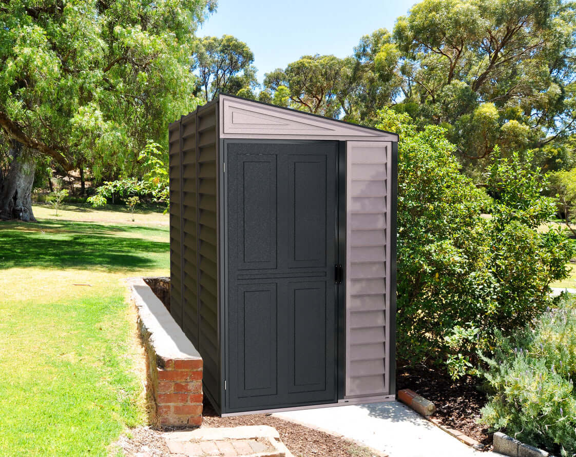 Duramax 4x8 SideMate PLUS Grey Vinyl Shed with Foundation in garden setting, ideal for tool storage; Duramax Shed.