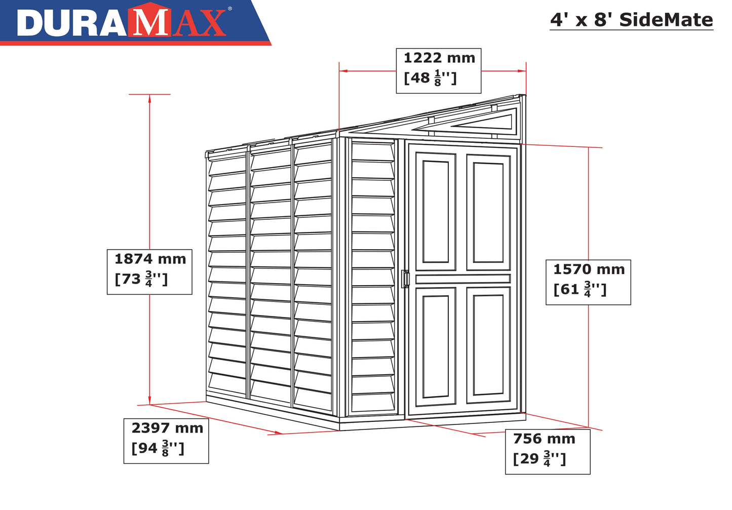 Dimensions diagram of the Duramax 4x8 SideMate PLUS Vinyl Shed with foundation, showcasing detailed measurements for installation.