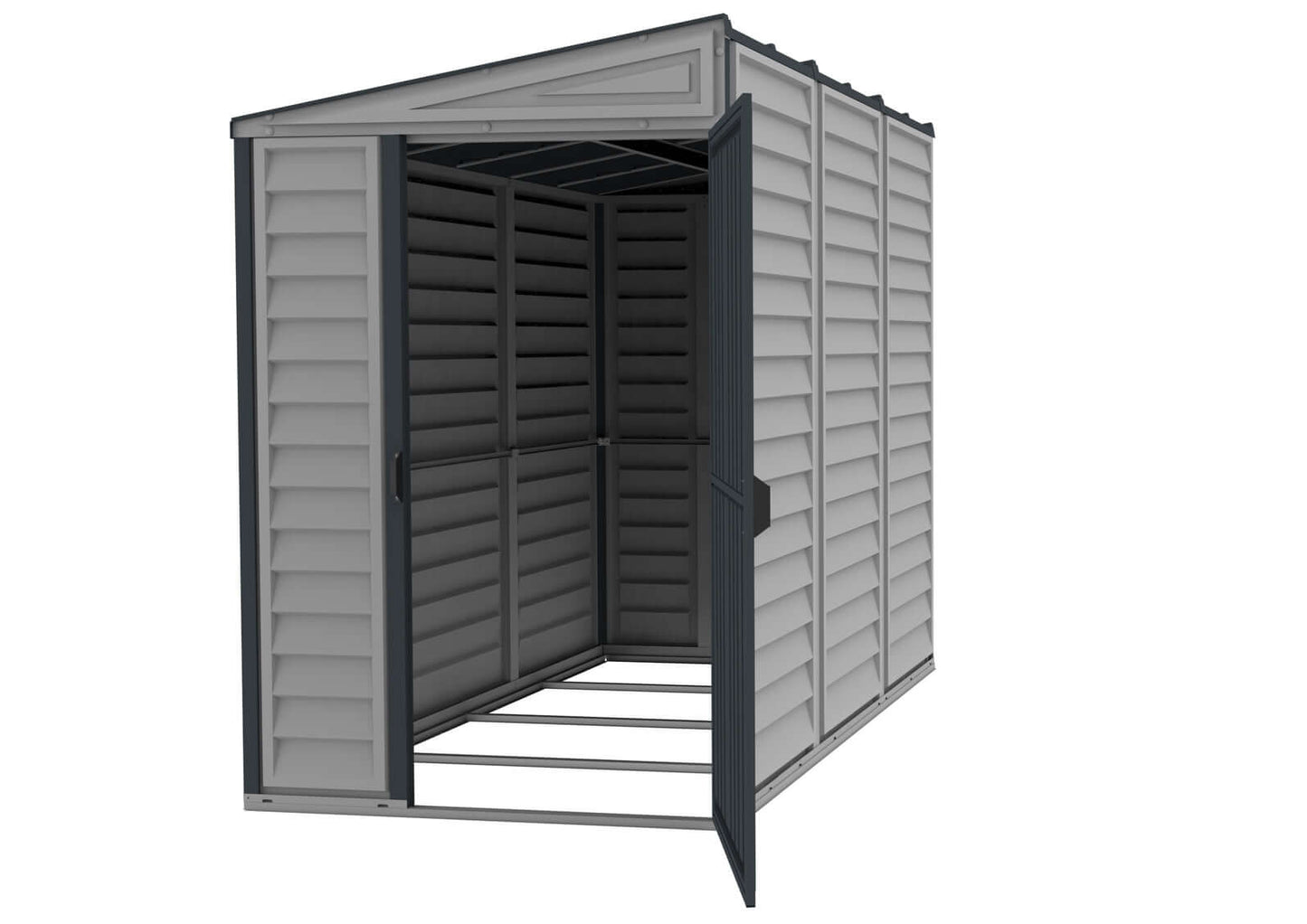 Duramax 4x8 SideMate PLUS Vinyl Shed in Grey, showcasing open double doors and ample interior space. Ideal for outdoor storage.