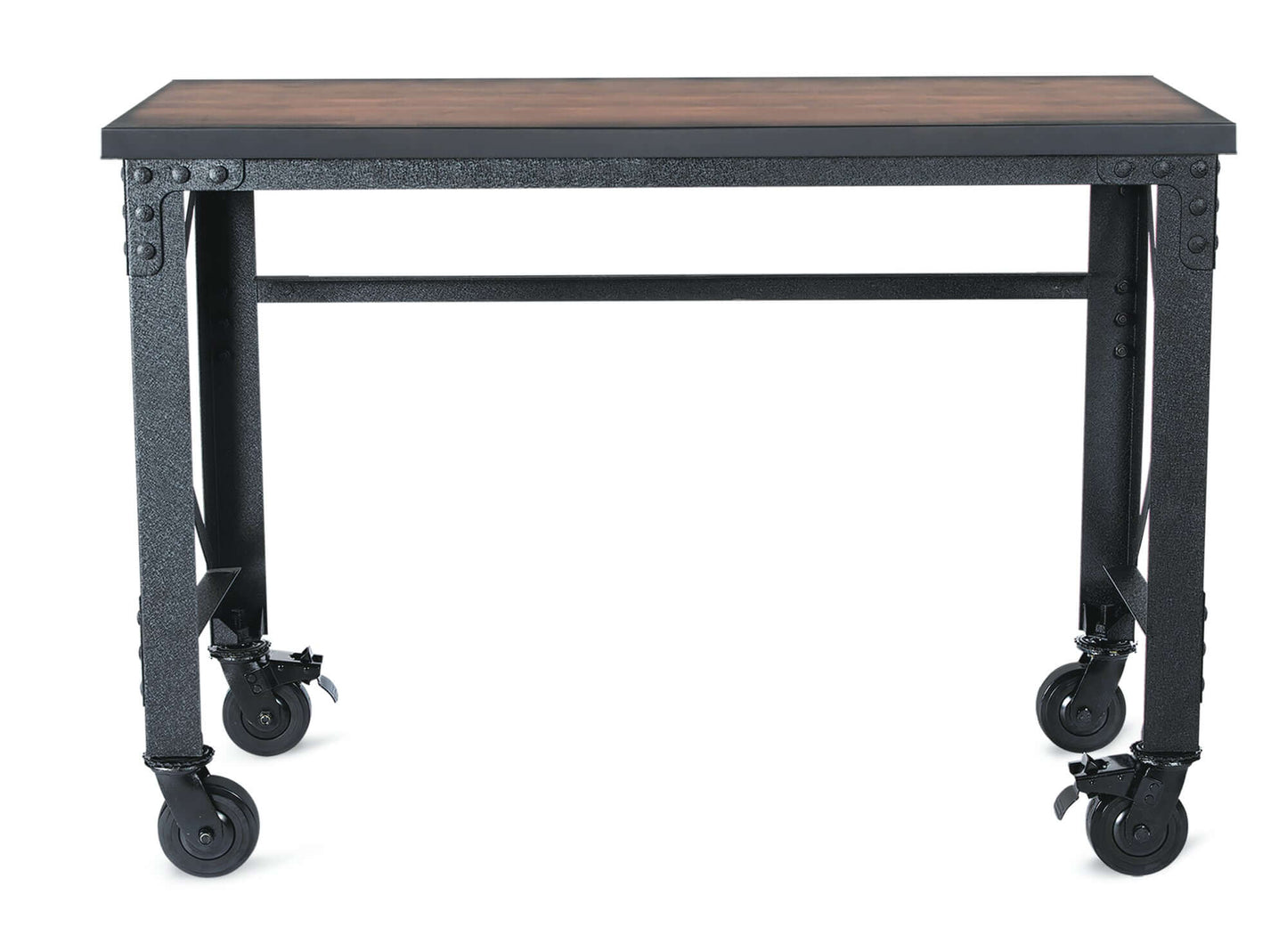 Duramax 52x24 inch industrial worktable with caster wheels, dark wood top, and metal frame for versatile workspace use.