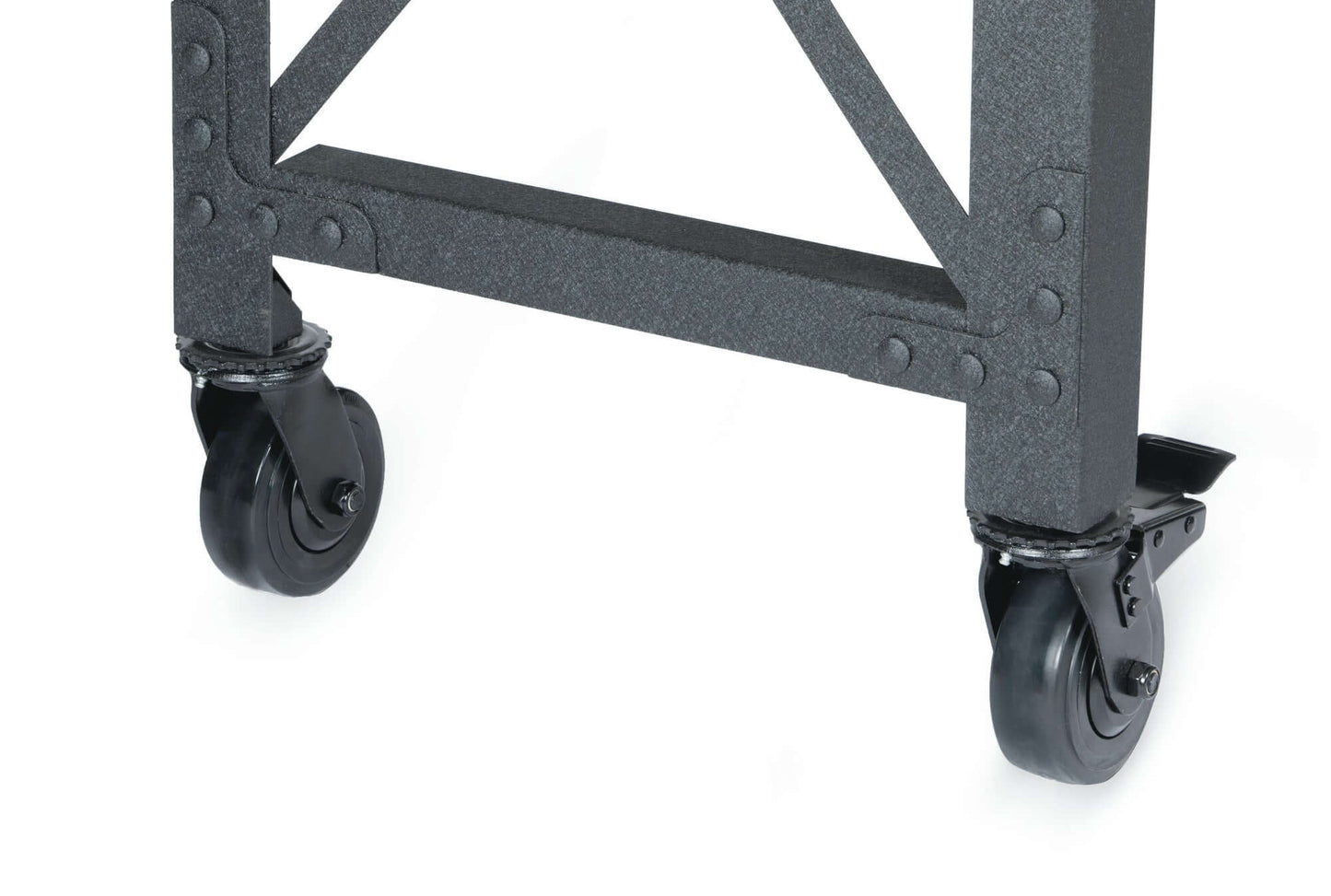 Close-up of heavy-duty swivel caster wheels on Duramax Industrial Worktable.