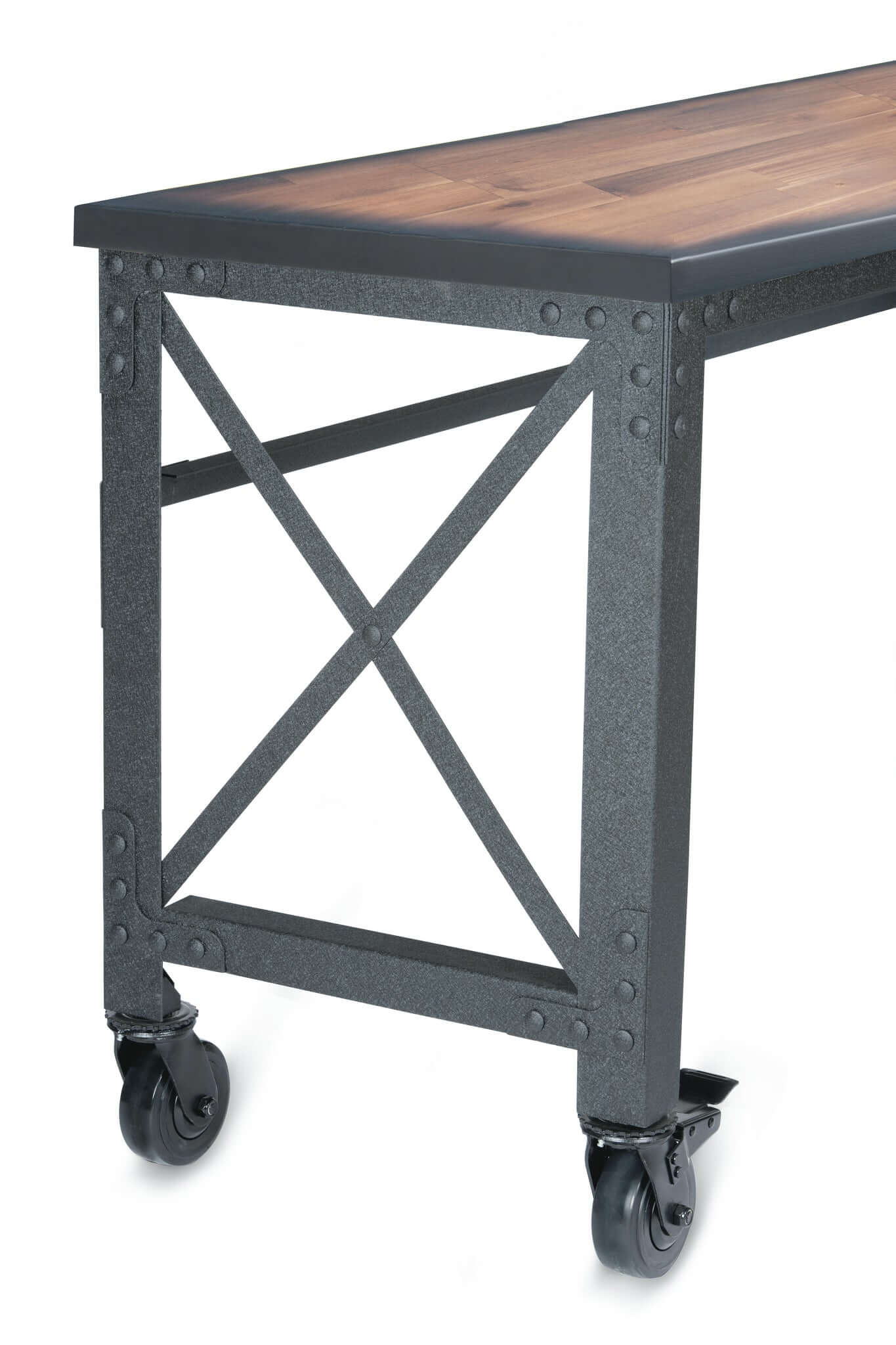 Duramax 52x24 industrial worktable with dark wood top, metal frame, and caster wheels for easy mobility.