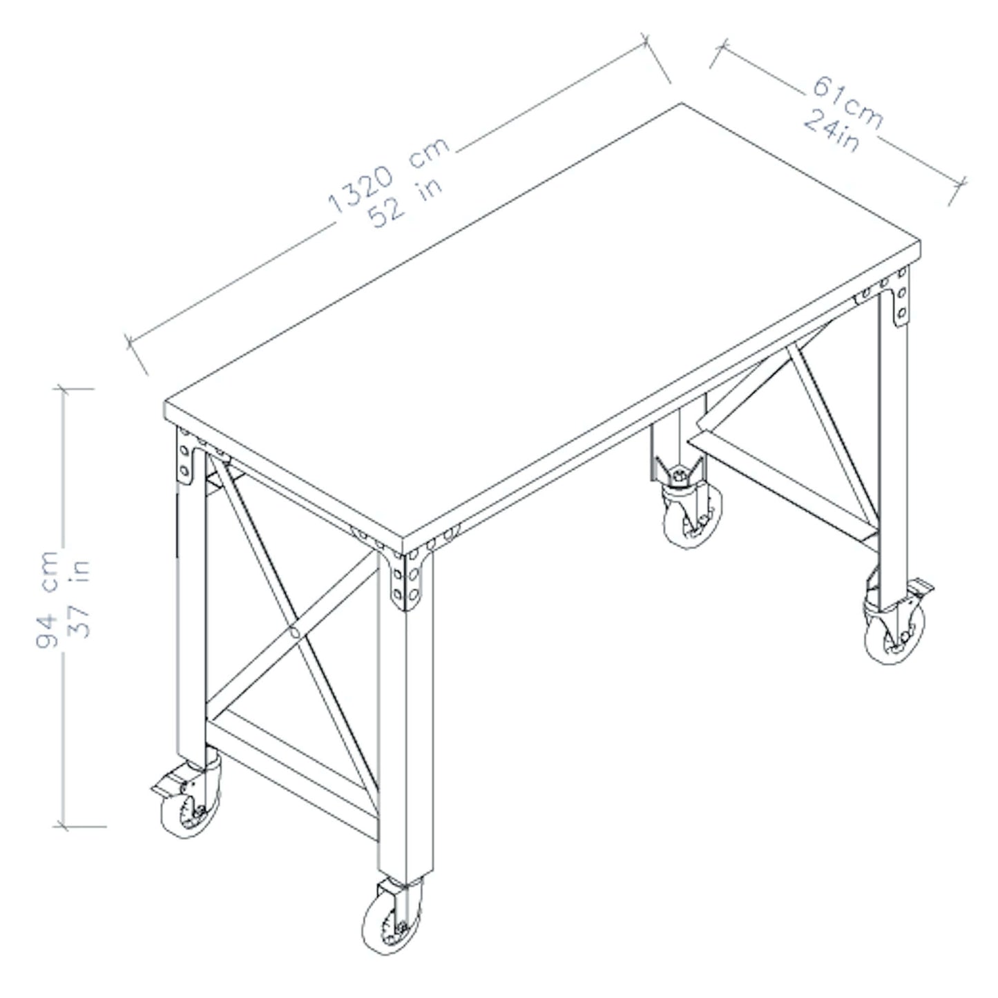 Dimensions diagram of Duramax 52x24 inch rolling industrial worktable with caster wheels