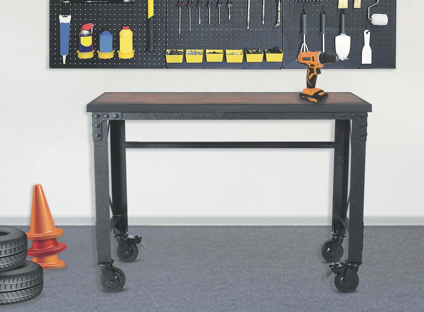 Duramax 52x24 inch rolling industrial worktable with wooden top and metal frame, built for durability with swivel caster wheels.