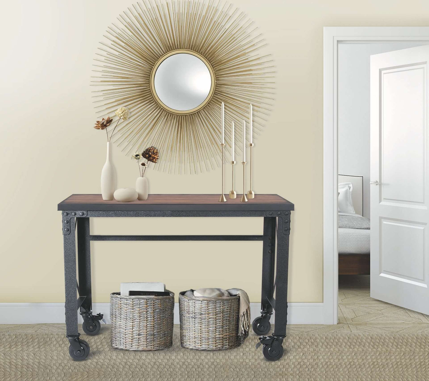Duramax industrial worktable with a wooden top and metal frame, featuring caster wheels, styled in a contemporary room.