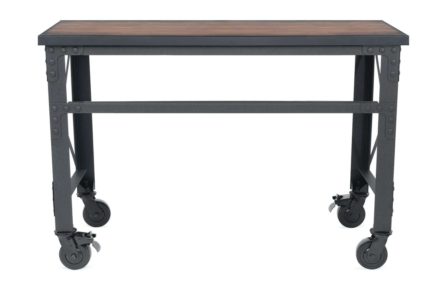 Duramax 52x24 inch industrial rolling worktable with wooden top and metal frame on heavy-duty caster wheels
