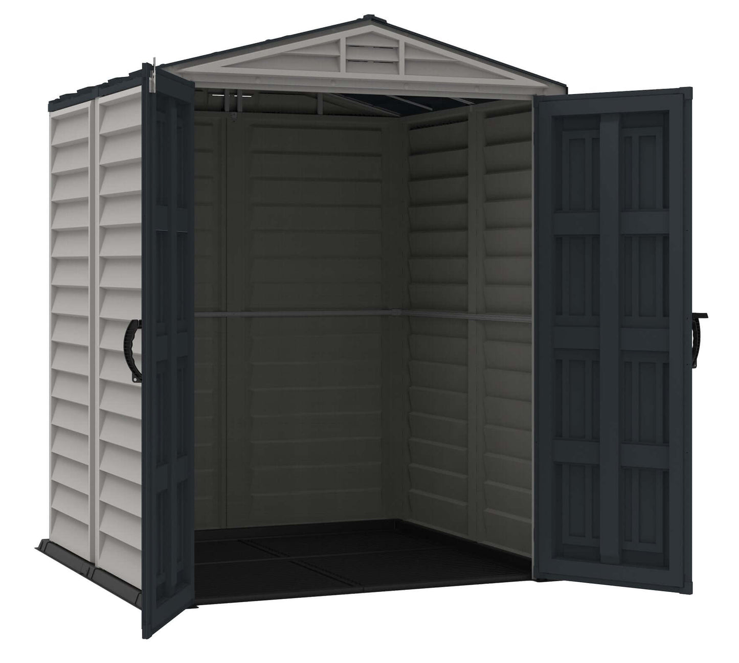 Open Duramax 5x5 YardMate PLUS Vinyl Shed with Floor, showcasing interior storage space. Ideal patio storage solution.