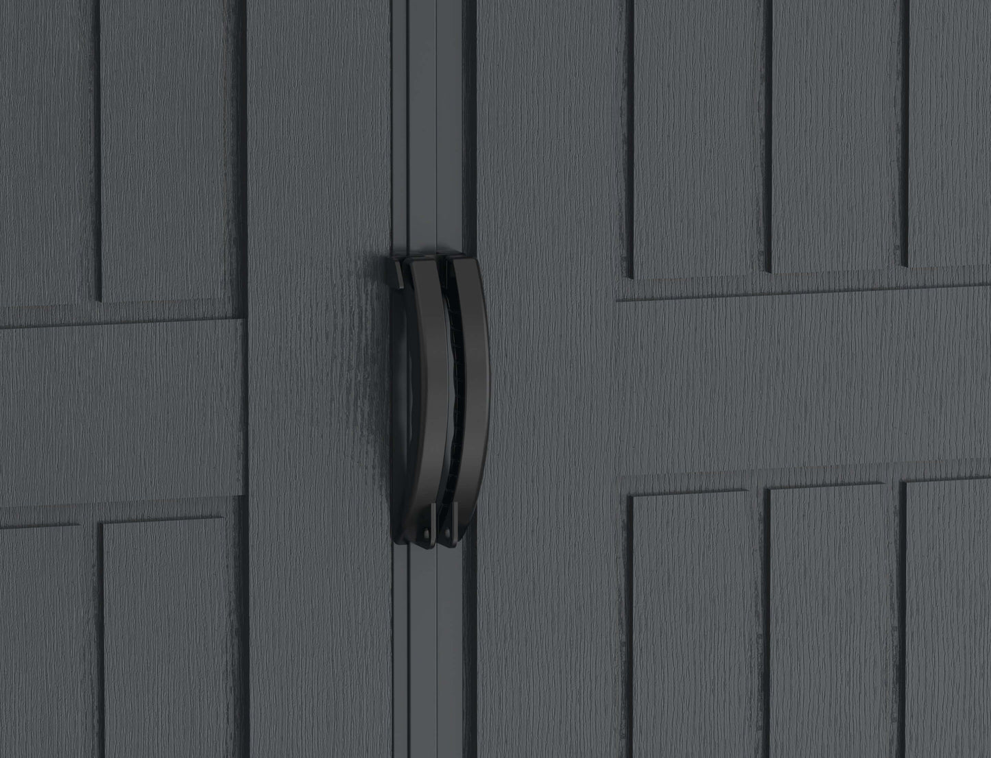 Close-up of black door handle on Duramax YardMate PLUS vinyl shed, showcasing its durable design.